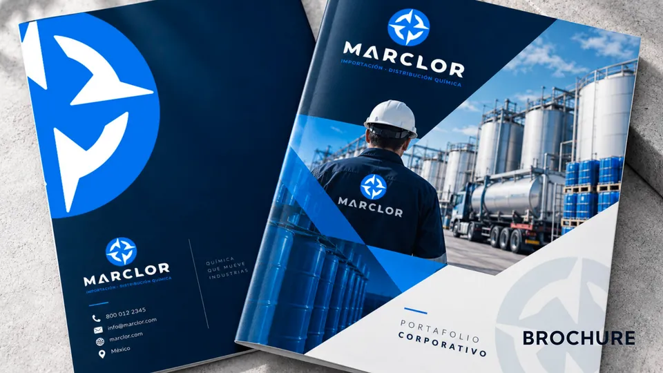Brochure: Portada y contraportada del portafolio corporativo en Deep Blue y Marine Blue