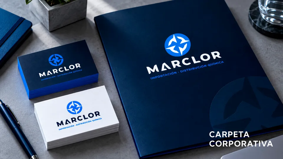 Carpeta corporativa: Carpeta Deep Blue con el logotipo y tarjetas de presentación