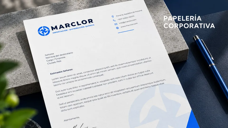 Papelería corporativa: Hoja membreteada con el logotipo, datos de contacto y el isotipo como marca de agua