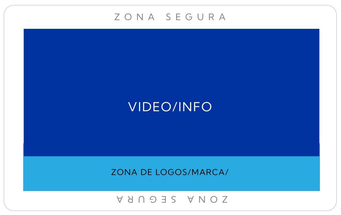 Formato horizontal 16:9: zona segura alrededor, zona de video o información y franja inferior para logos y marca