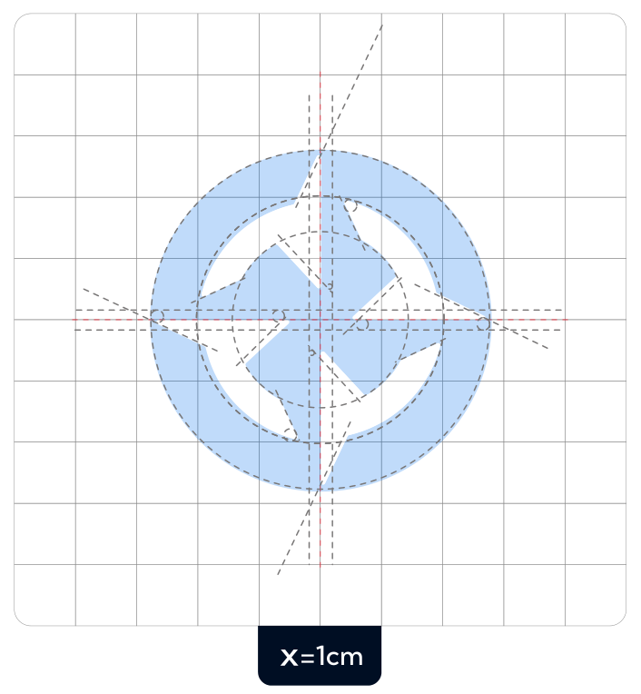 Isotipo sobre la retícula de construcción con círculos y diagonales; unidad x igual a 1 cm