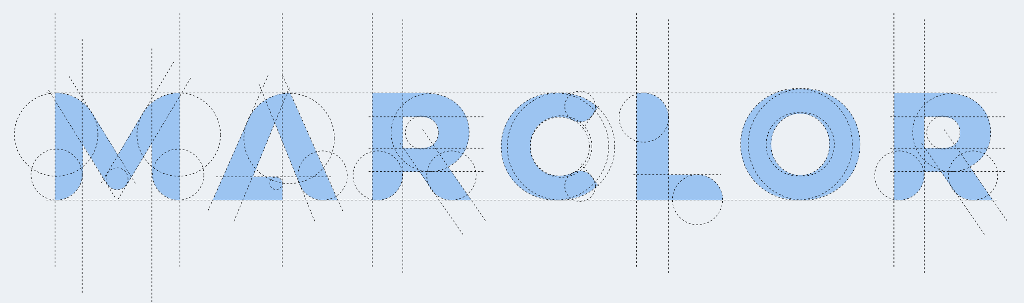 Construcción del logotipo MARCLOR sobre líneas guía, círculos y retícula