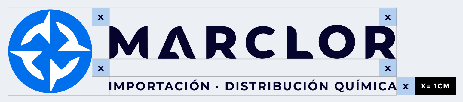 Logotipo horizontal con su retícula modular: cada módulo mide X, igual a 1 cm