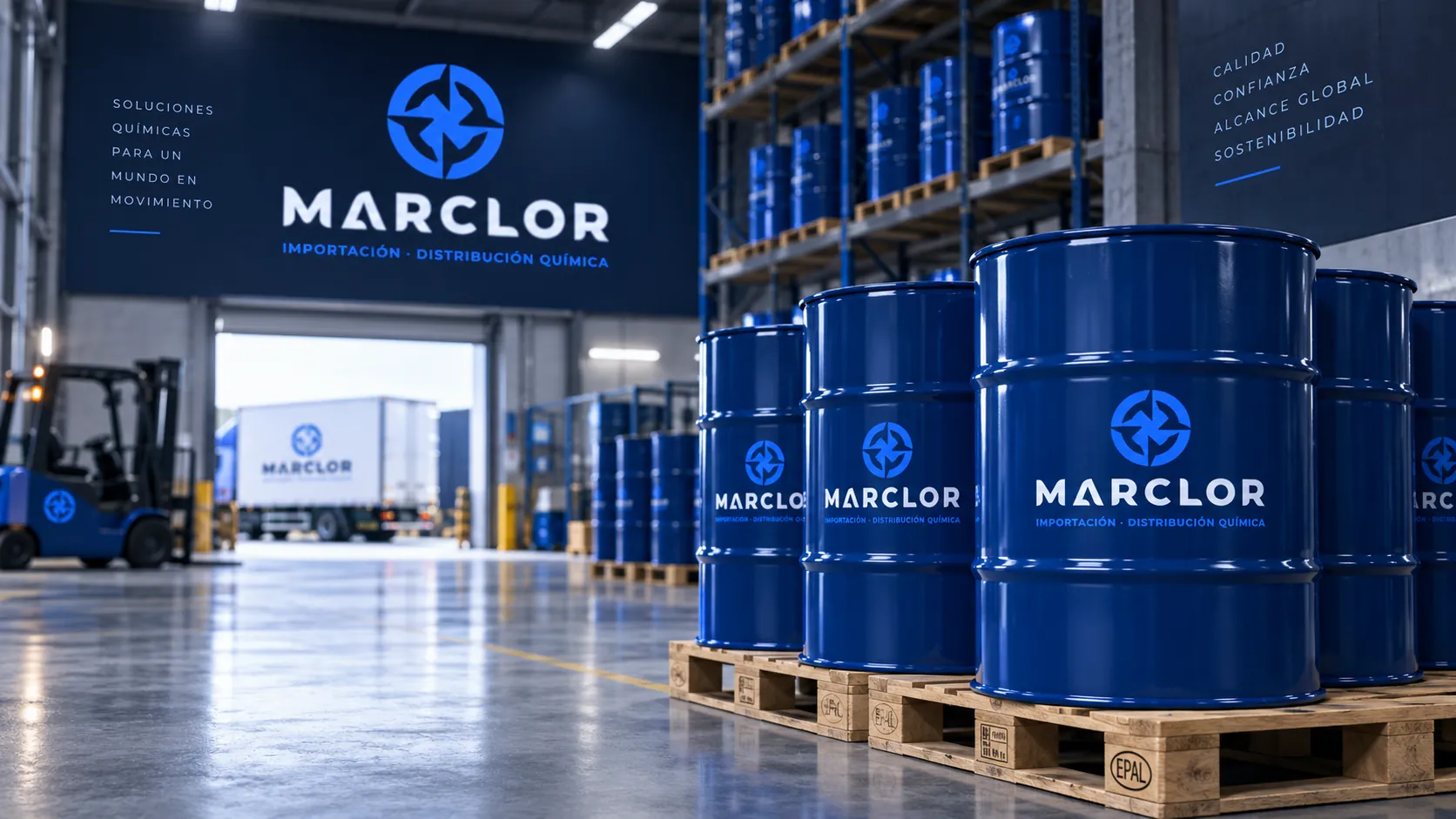Bodega con tambores azules y un letrero con el logotipo de Marclor