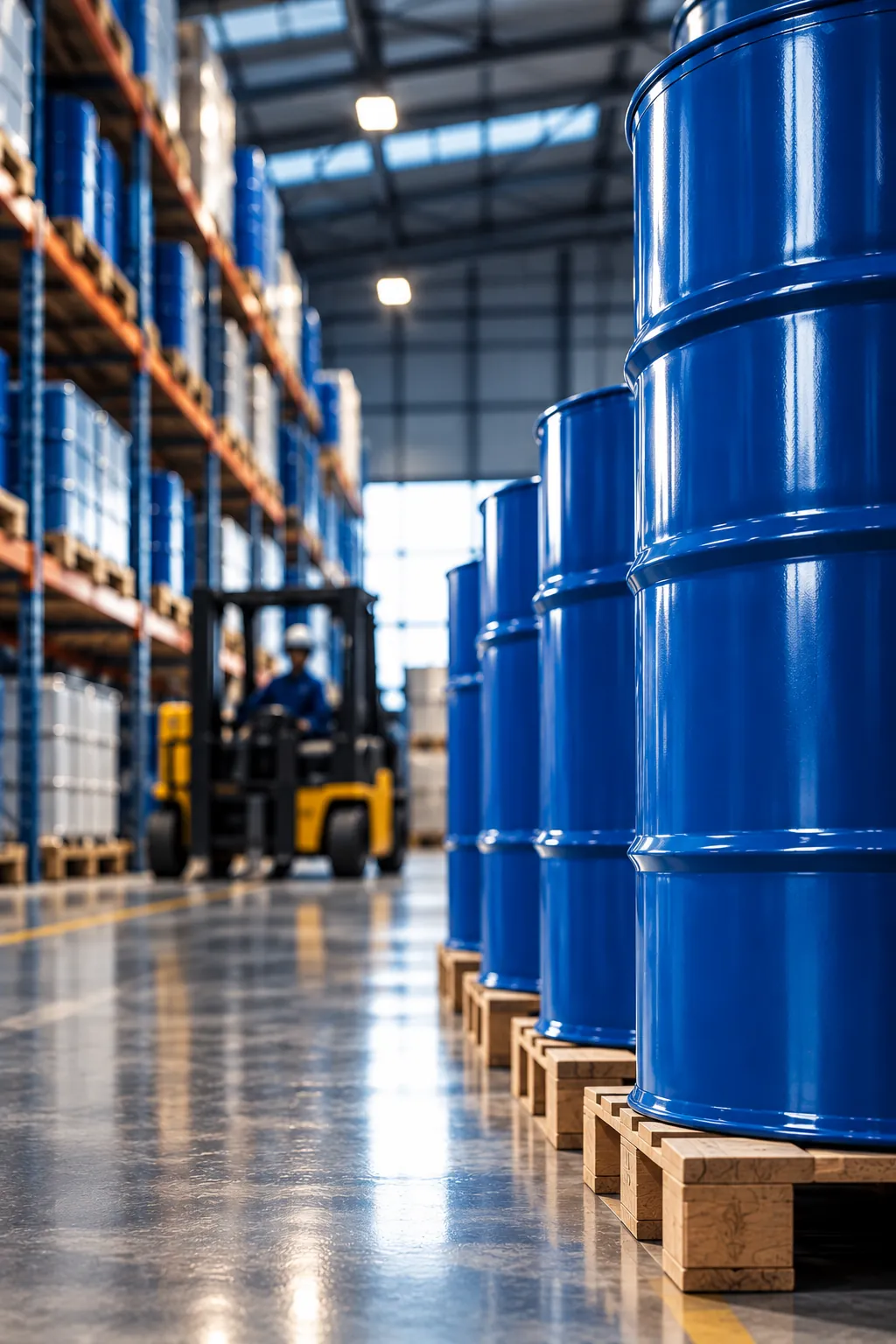 Bodega con tambores azules sobre estibas y un montacargas al fondo