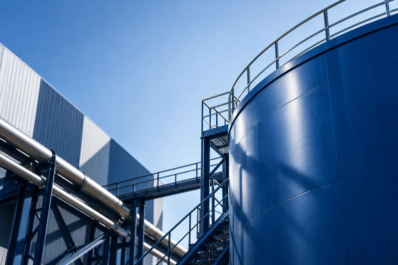 Tanque industrial azul con escaleras y pasarelas metálicas